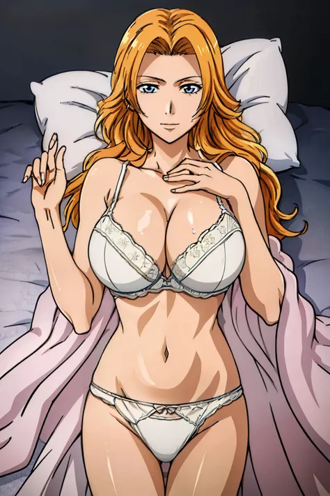 (POV Across Bed : 1.3), lying on bed, bare shoulder, white lace bra, white lace panties, white garter belt, luxury bedroom background, matsumoto rangiku, anime cels style, best quality, high resolution, (huge breasts:1.3), cowboy shot, (potrait body), blue...