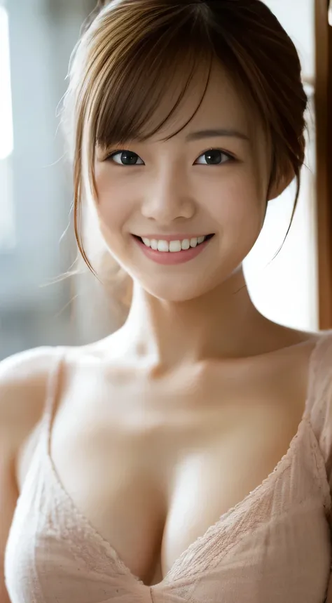 masterpiece,best quality,(Japanese ),((Beautiful girl)),cleavage,indoor,(perfect body beauty:1.2),(shy smile),beautiful teeth,