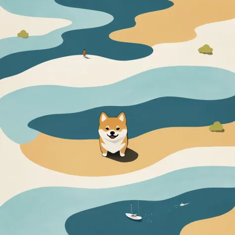 a Minimalist journey，A Shiba Inu，Minimalism， illustration，Aerial View，solo