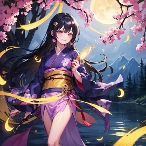 black hair、golden eyeen of beautiful shape、fireflies fly around、Black and purple firefly and moon pattern wearing kimono、Holding a folding fan、smiling、Near the riverhe is beautiful boy