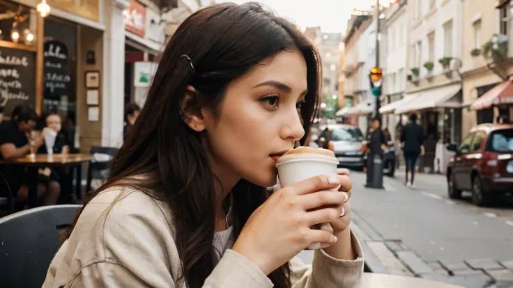 Woman drinking coffee at a cafe