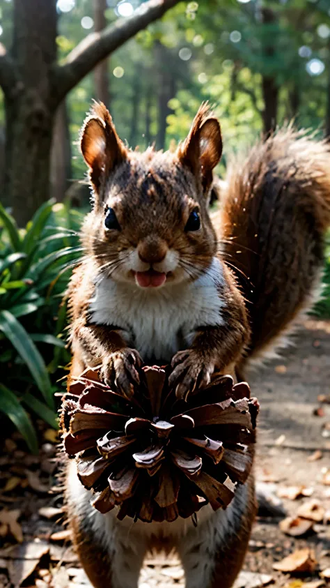 A little squirrel carried home with a pinecone with a cheerful expression,