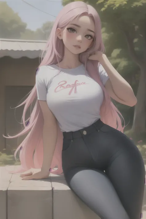 Mujer Arafed con rasgos indios., llevaba una cola de caballo larga y abierta de suave cabello rosado, se pone una camiseta sin mangas blanca y jeans de mezclilla. Ross Tran&#39;s 8k Artistic Interpretation Captures His Seductive Charm, con la influencia de...