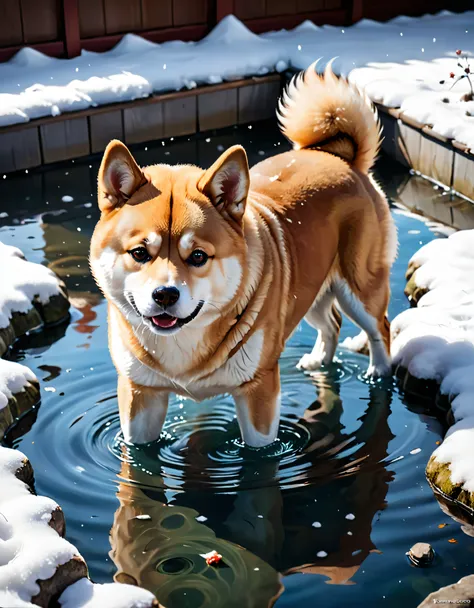 ((soft_color_painting:)1.5), ((soft_color_tones):1.4), ((crystal clear water reflection background):1.3), ((soft color cute shiba inu):1.4)),((macro view of a steaming japanese spa in snowy winter):1.2),((Movie-like still images and dynamic angles):1.3), (...