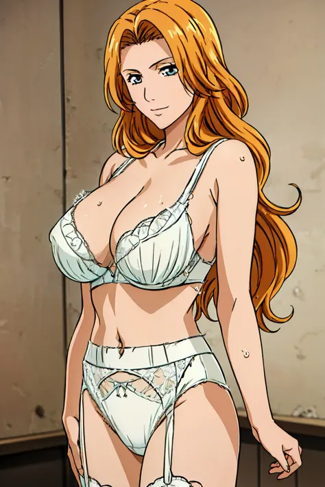 (Torn Clothes : 1.3), bare shoulder, white lace bra, white lace panties, white garter belt, luxury bedroom background, matsumoto rangiku, anime cels style, best quality, high resolution, (huge breasts:1.3), cowboy shot, (potrait body), blue eyes, Blonde ha...