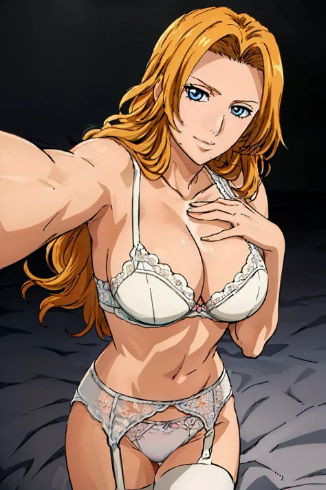 (Grabbing Viewer POV : 1.3), bare shoulder, white lace bra, white lace panties, white garter belt, luxury bedroom background, matsumoto rangiku, anime cels style, best quality, high resolution, (huge breasts:1.3), cowboy shot, (potrait body), blue eyes, Bl...