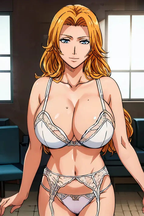 (POV Dating : 1.3), bare shoulder, white lace bra, white lace panties, white garter belt, luxury diningroom background, matsumoto rangiku, anime cels style, best quality, high resolution, (huge breasts:1.3), cowboy shot, (potrait body), blue eyes, Blonde h...