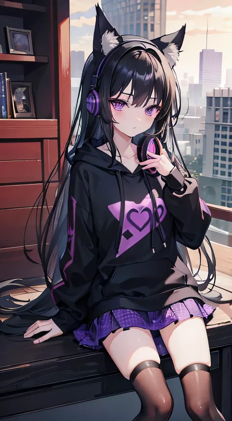 high quality, masterpiece, Very detailed,Long Hair, beautiful girl,Black Hair,Purple eyes,chest,Shoulder Bare,Black hoodie,Short skirt,Black fishnet stockings,headphone,Black cat ears,City,sit