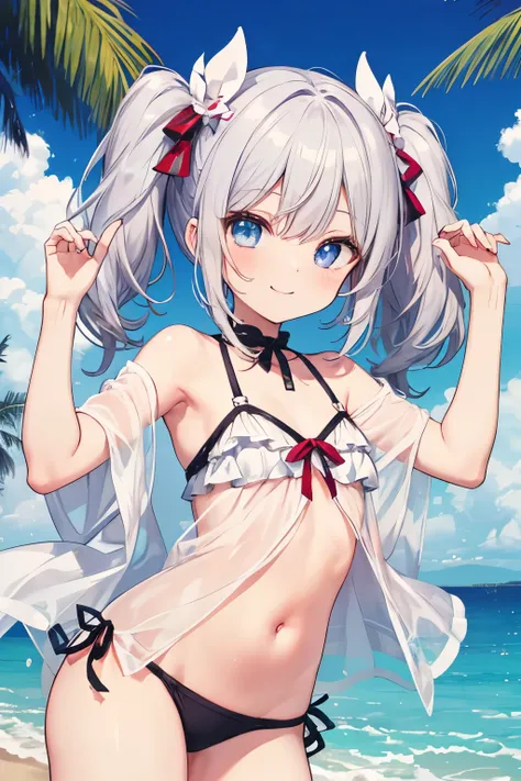 Silver-haired blue eyes、 girl、Small breasts、Twin tails、Laughter、Nico Nico Smile、Wink、 girl、Looks about 15 years old、Petan Musume、short、There are highlights on the eyes、Coming to the sea、Wear a cute swimsuit