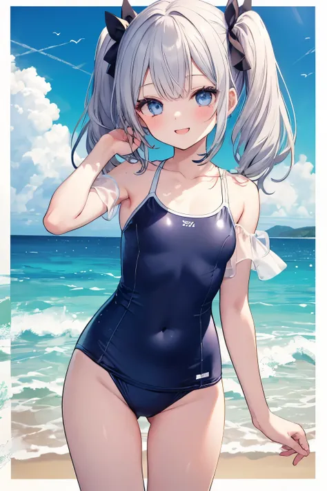 Silver-haired blue eyes、 girl、Small breasts、Twin tails、Laughter、Nico Nico Smile、Wink、 girl、Looks about 15 years old、Petan Musume、short、There are highlights on the eyes、Coming to the sea、Wear a cute swimsuit