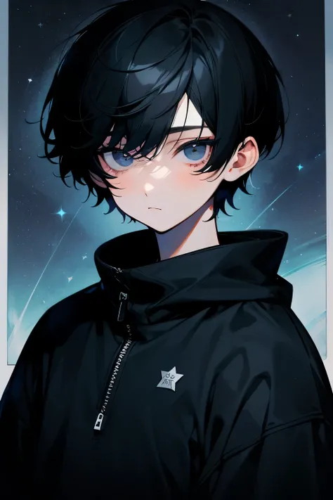 Black Hair，short hair，youth，Deep black eyes，gaze，Solid black sweatshirt，Starry Sky。Bleak