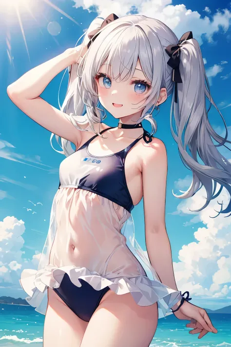 Silver-haired blue eyes、 girl、Small breasts、Twin tails、Laughter、Nico Nico Smile、Wink、 girl、Looks about 15 years old、Petan Musume、short、There are highlights on the eyes、Coming to the sea、Wear a cute swimsuit、sexy