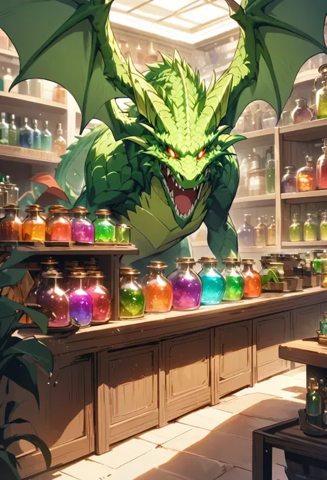 massive green dragon, you with a welcoming smile while at the counter in a shop full of glowing potions,