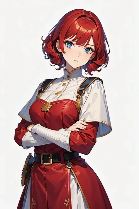 ((best quality)), ((masterpiece)), (detailed), perfect face, girl, red short curly hair, white medieval officer outfit, skirt, medium bust, blue eyes, white background, full body