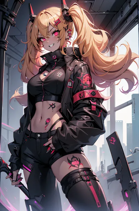 one girl, rebecca \(cyber punk\), ((full body, holding grim reaper's scythe,dynamic angle:1.0)),one woman,blonde twisted twin ta...