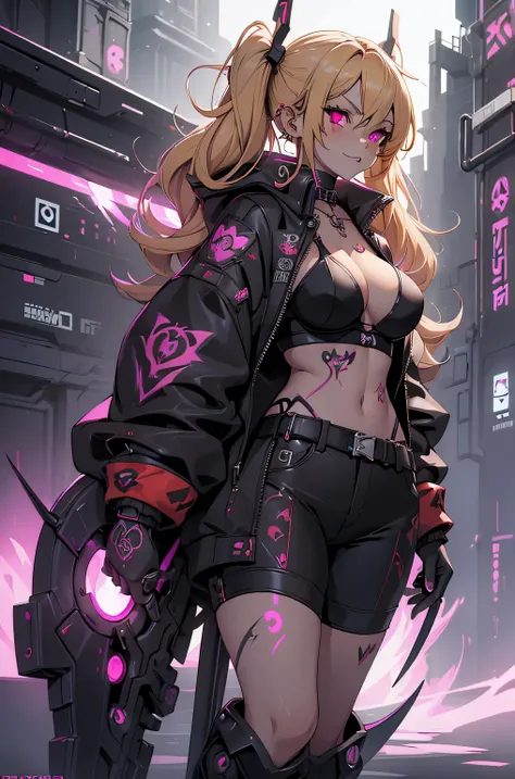 One girl, Rebecca (cyber punk), ((full body, holding Grim Reapers Scythe,Dynamic Angle:1.0)),One Woman,Blonde twisted twin tails, glowing Red eyes,Laugh fearlessly, Leg Tattoos, Neck Tattoo,  Large Breasts, Black bra, String, Red pupils, Leather Fang, Red ...