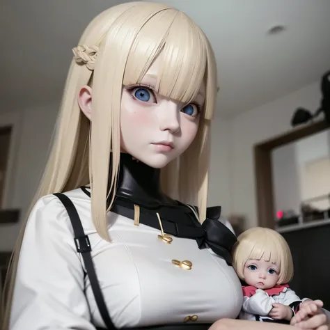 Blonde anime girl with black eyes, exhibiting maternal affection towards an albino baby, 3D anime styled image, hyper-detailed anime esthetic, unsociable Yandere, unique contrast, 8k resolution, desaturated colors, expressive facial features, tender moment...