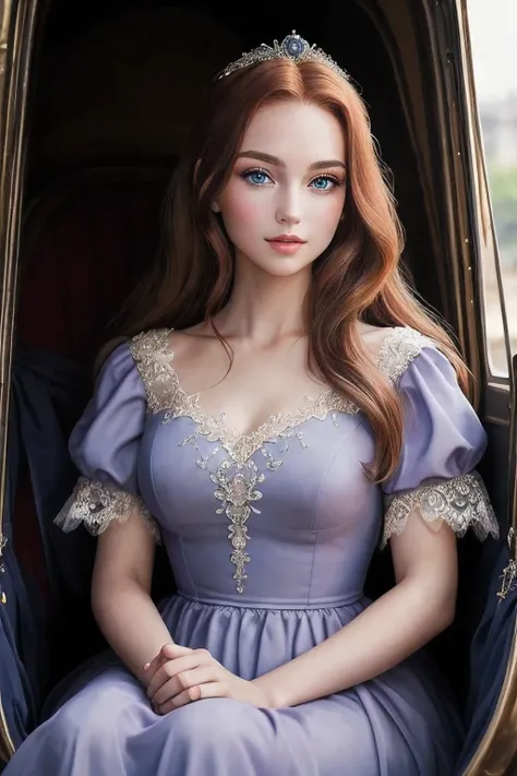 ((best quality)), ((masterpiece)), (detailed), perfect face, a princess with red long hair and blue eyes, wearing lavender gown and sitting inside a carriage