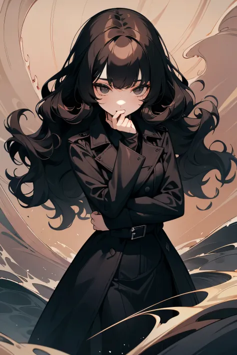 woman，24 years old，Career。Black trench coat，Black long skirt。flat chest。Black-brown hair color，Waist-length hair，Wave Curls。Black eyes。The cold eyes。