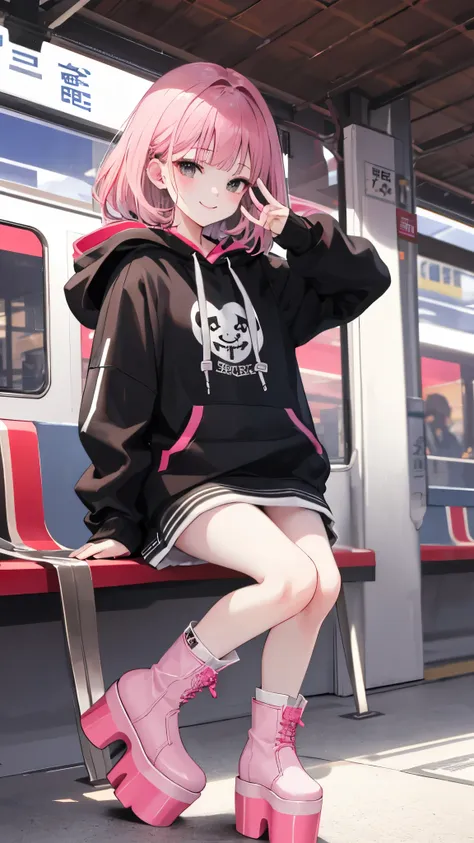 female 3p、、cute、with a smile、peace、station platform、
black and white hoodie、red and black hoodie、white hoodie、platform boots、pla...