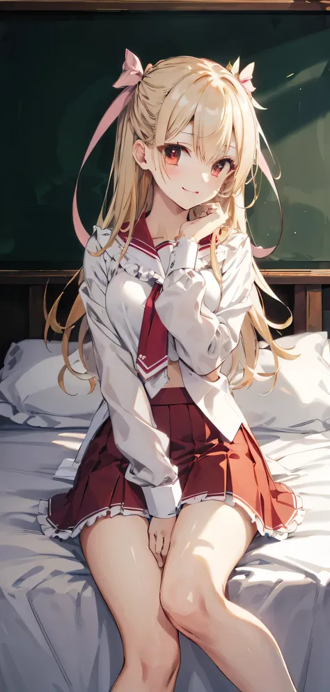 masterpiece, highest quality, High resolution, teacher, Long Hair, blonde, Both sides up, Hair Ribbon, Pink Ribbon,, serafuku, Sailor collar, tie, tight-fitting white shirt, Long sleeve, Red Skirt, Are standing, Cowboy Shot, Bedroom、Wicked Smile:1.2、Very s...