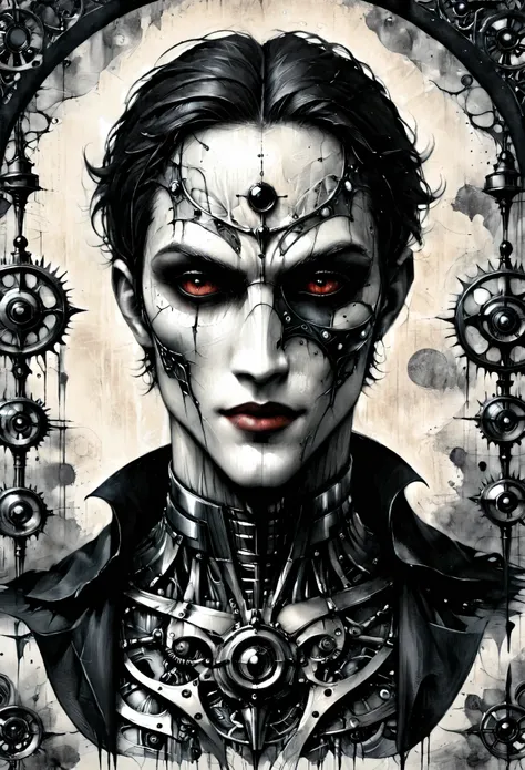 detailed beautiful androgynous vampire man wearing a masquerade mask, biomech, ink drawing, anatomical, vitruvian