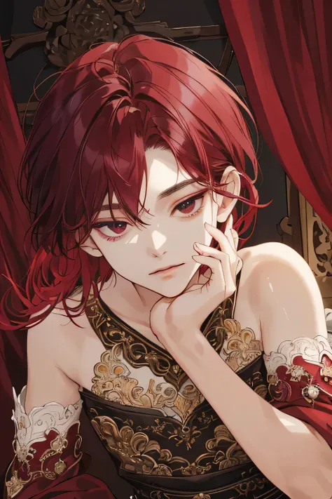 (extreamly delicate and beautiful:1.2), 8K,(masterpiece:1.0),(best_quality:1.0), 1 Boy, and intricate detailing, Enlarged textures, and intricate detailing, finely eye and detailed face, and intricate detailing, shiraga, maroon red short Curtain two block ...