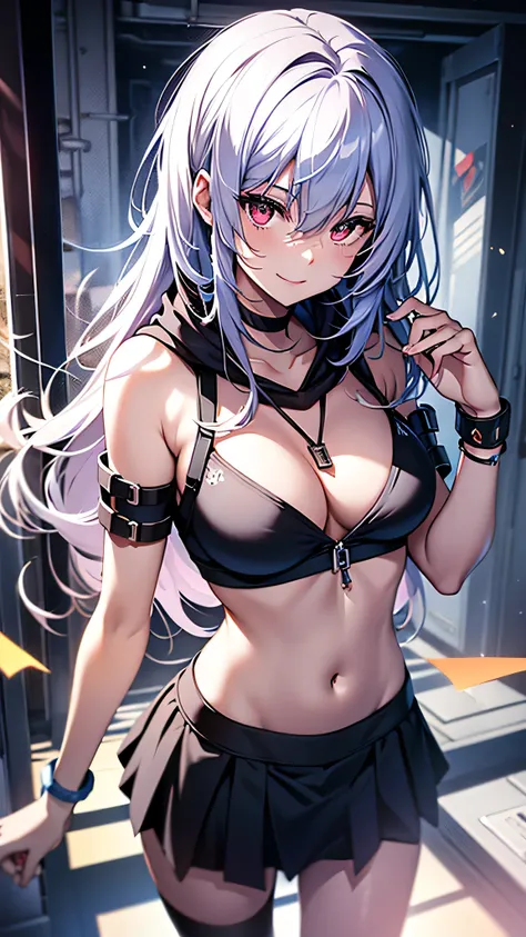 最high quality、Best image quality、masterpiece、girl((18-year-old、 By becoming、Best Bust、Medium Bust,Wide open breast tea、Red glowing eyes,Silver Hair、Disheveled Hair、Long Hair、thin,The highest valley、Open chest、Luminous Wristbands、smile、hair ornaments、lumino...