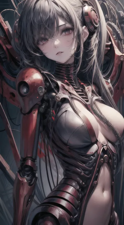 (((masterpiece))), ((highest quality)), (Super Detail), (CG illustration), (So evil and beautiful)), Cinematic Light, ((1. Mechanical Girl)), single, (Mechanical Arts: 1.4), ((Mechanical Limbs)), (Blood vessel attached to a tube), ((Mechanical spine attach...