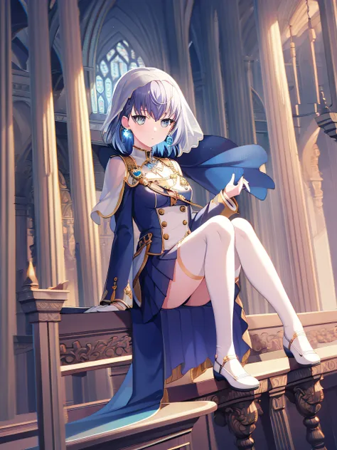 1 girl, ((full body)), medium breasts, Alone, grey eyes, the sleeve, ((blue hair)), white mitts, jewely, looking at the viewer, earring, short hair, sitting, Background in the church, knees up, bangs, pleated skirt, capes, ((veils)),