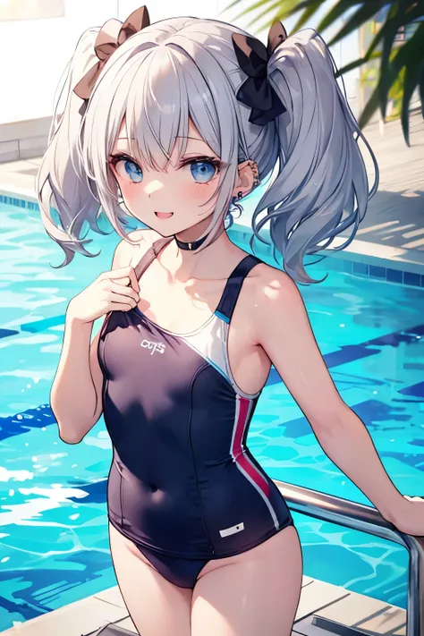 Silver-haired blue eyes、 girl、Small breasts、Twin tails、Laughter、Nico Nico Smile、Wink、 girl、Looks about 15 years old、Petan Musume、short、There are highlights on the eyes、Coming to the pool、Wear a cute swimsuit、Sliding down the slider、Gal-like appearance、Wear...