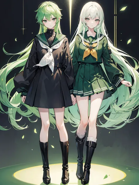 light green hair, black eyes, ((sailor dress)), ((Long boots)), ((full body)), ((crossdressing)), ((a boy with long hair)), kriegsmarine