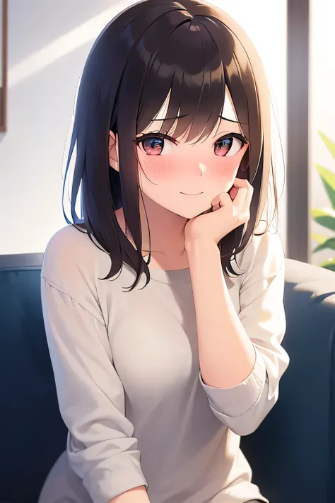 Placing hand on face,movie angle,Real person,RAW Photos,Realistic,Portrait Photography,Shiny skin,Japanese Idols,25 year old woman with bangs,(Medium Hair) and (Brown Hair) and (Brown eyes),smile, (shy:1.2),(blush:1.5),The background is the living room,Alo...