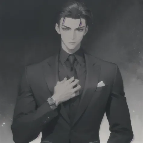 (Absurdres, highres, ultra-detailed) Waifu and Handsome male, Short black hair slicked back, advanced suit sharply defined, Clear muscle lines accentuated, suit and tie neatly arranged, Wrist watch ticking rhythmically, gazing at the front horizontally, Er...