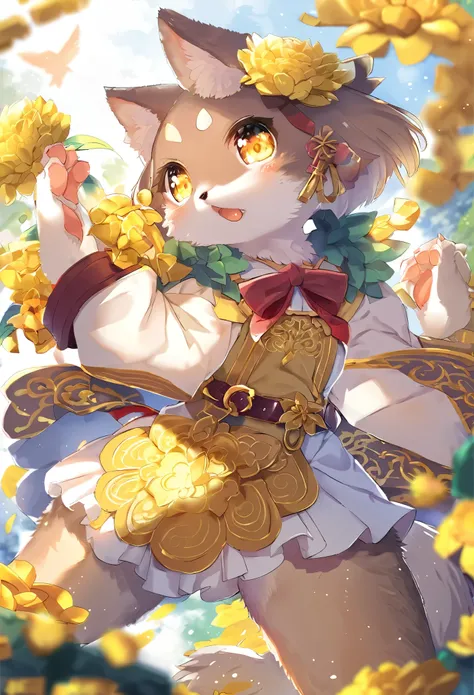 cover page, girl, kemono, furry, detailed body fur, animal face, animal hand, dynamic angle, unfocused spread of gold flower, 