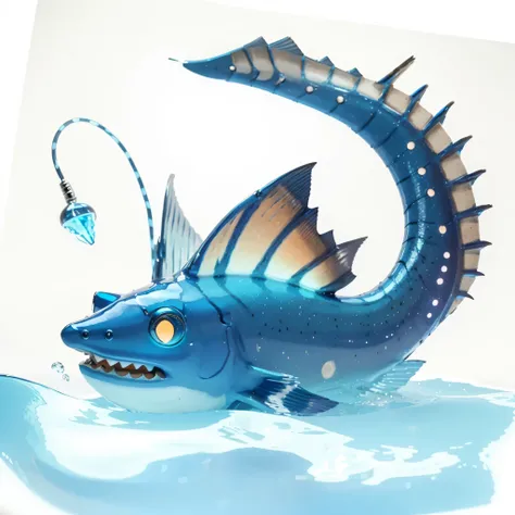 Animal, anglerfish mixed with marlin fish, fat, blue eyes, Glowing blue, glowing blue, lights on, (big tail and long tail), (water sea background)