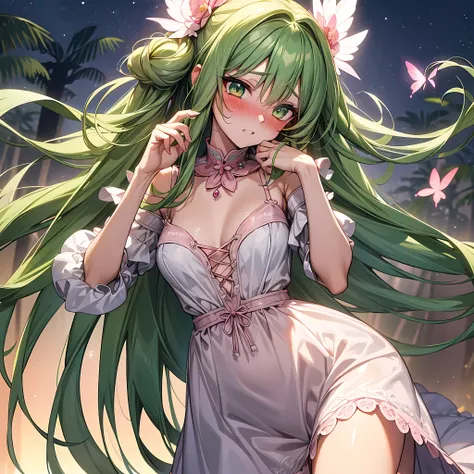 (Masterpiece), (best quality), 1girl,16 years old, long green hair, green eyes, glowing eyes, pointy teeth, wearing Accessories hair laces, wearing white, pink see-through outside dress, have pink butterfly wings, pose in the night forest, 4k, 8k, ultra de...