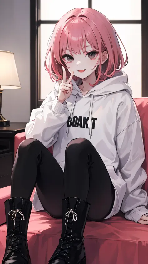 female 3p、cute、with a smile、peace、inside the hotel、sitting、
black and white hoodie、red and black hoodie、white hoodie、black platf...