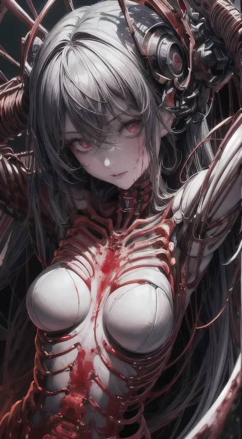 (((masterpiece))), ((highest quality)), (Super Detail), (CG illustration), (So evil and beautiful)), Cinematic Light, ((1. Mechanical Girl)), single, (Mechanical Arts: 1.4), ((Mechanical Limbs)), (Blood vessel attached to a tube), ((Mechanical spine attach...