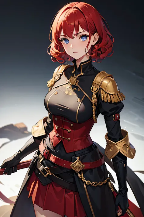 ((best quality)), ((masterpiece)), (detailed), perfect face, girl, red short curly hair, black and golden medieval officer outfit, skirt, medium bust, blue eyes, white background, full body