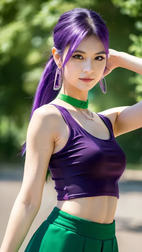 martina,purple eyes, purple hair, very long hair, ponytail, hair scrunchie, green choker, o-ring top, tank top, sleeveless, waist cape, black shorts, green belt, boots,fcPortrait  