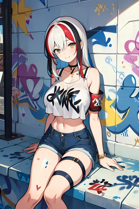 absurdres, best quality,1girl, solo, streaked hair, crop top, denim shorts, heart shaped choker, (graffiti:1.5),  paint splatter, arms behind back, (slouching), leaning back, against wall, (leaning to the side:0.25), looking at viewer, armband, thigh strap...