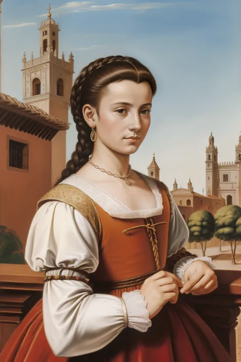 Seville, 1558. A young ((((17-year-old)) Jerónima Ruiz)), ((((clothings from the 1550s)))), ((hairstyle of the 1550s)), colorful