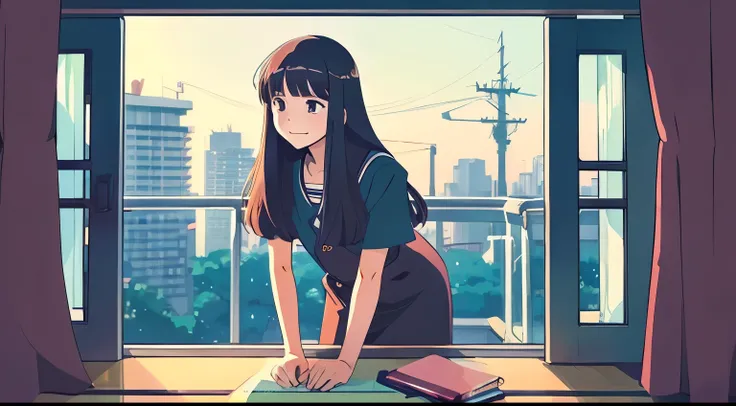 studyをしてるジブリ風のアニメ女性、machine、study、Ghibli-style illustrations、City Pop