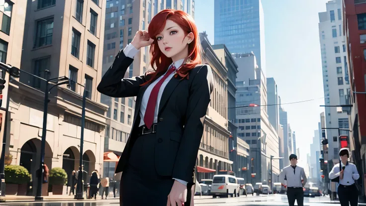 (8K), (best quality), (muste piece: 1.2)　Redhead Wall Street Lady、Look up to the sky、Wearing a business suit