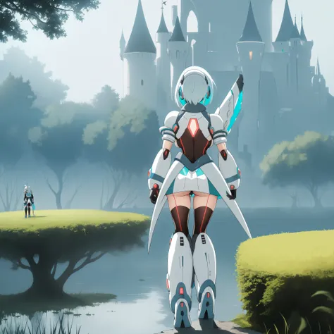 ico_megamanxdive, 1girl, blue eyes, solo, white hair, android, large breasts, black gloves, short hair, thighhighs, necktie, high quality, masterpiece, standing next to a swamp and castle surrounded by mist, outdoors, tree, solo, from behind, bird, facing ...