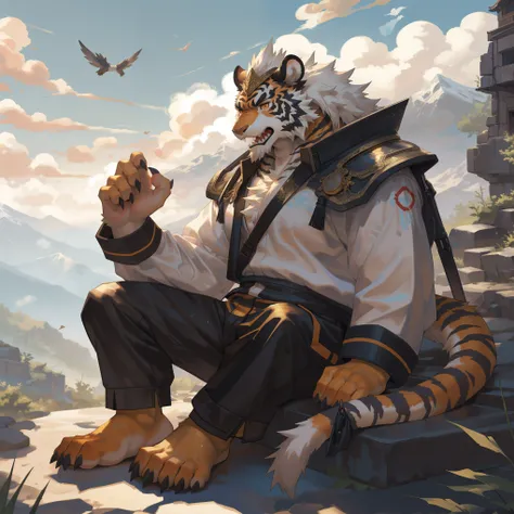 human nature(Tiger),(Orange:1.2),Tail,((whole body,Orange body, White fluffy, Orange Face,finger,toe,Tail )),(((Xiu Xian costume))),muscular, Detailed hands, Sharp Teeth, Solitary,Xiuxian family, ((Sitting high in the mountains)), ((Xiu Xian Feng)) , nippl...