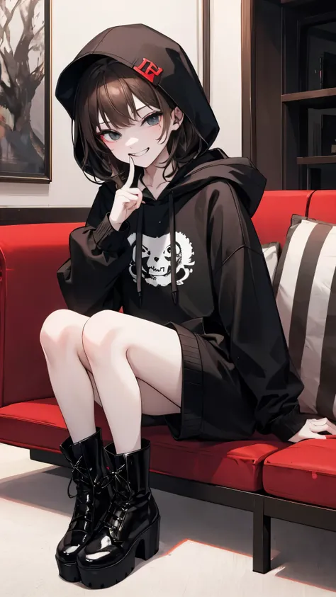 Female 3P、cute、evil grin、peace、Inside the Hotel、Sitting、
black and White hoodie、Red and black hoodie、White hoodie、black platform boots、black platform boots、perfect finger、
Brown Hair、Black Hair、Black Hairロング、3✕3の目、black eye、