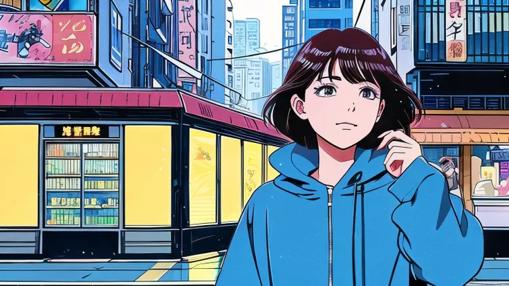 studyをしてるジブリ風のアニメ女性、machine、study、1990s hand-drawn anime style、City Pop、rain