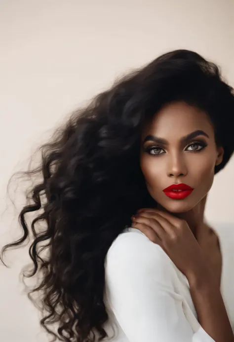 New brown-skinned woman with long wavy black hair, Porter un haut noir et court,chaud, visage ovale, red lips, lipstick